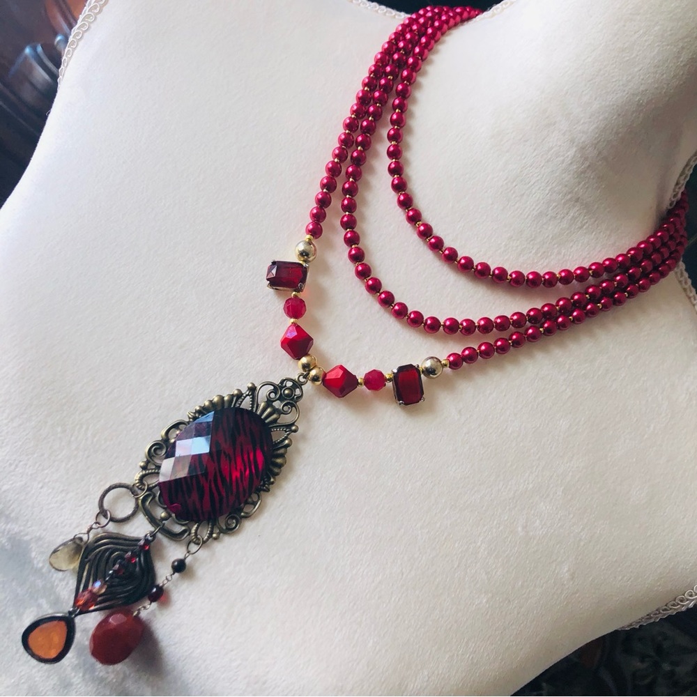 Handcrafted repurpose red filigree cameo gem Czech glass Pearl toggle necklace